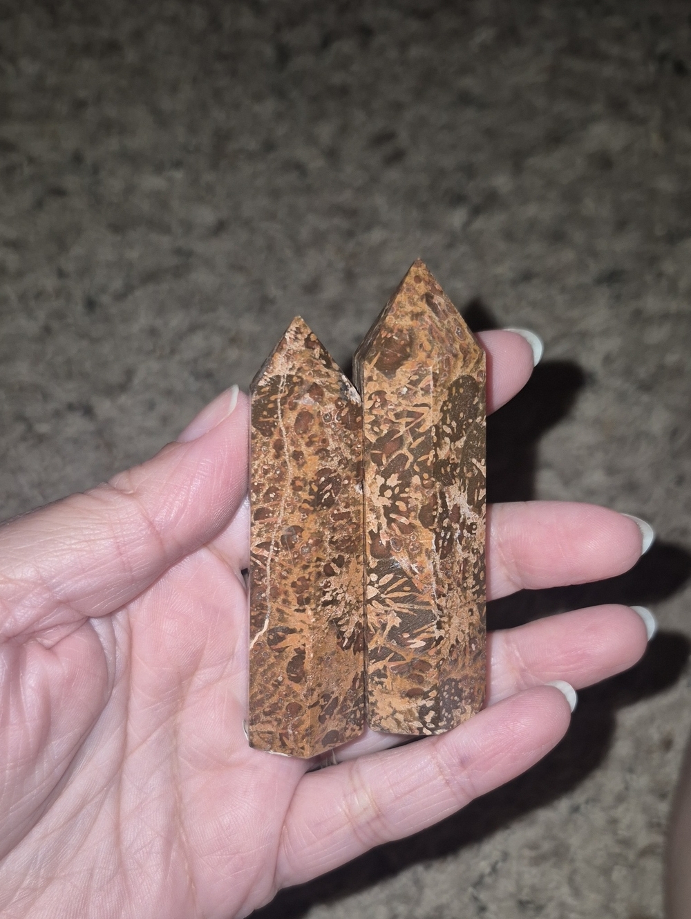 Polished Brown Flower Jasper Obelisk Pair